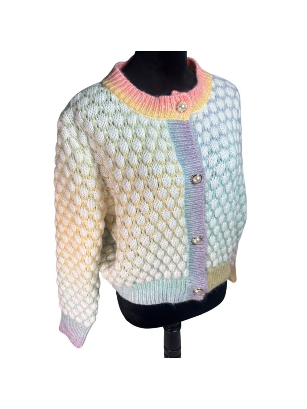 Pastel Rainbow Bubble Knit Cardigan Sweater, Pearl Buttons Colorblock size Large - Picture 11 of 12